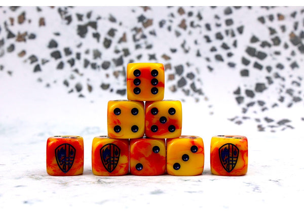 Conquest - Hundred Kingdoms: Faction Dice on Red swirl Dice