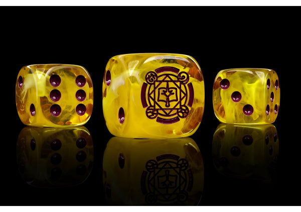 Conquest - Sorcerer Kings Faction Dice on Grey and Magenta swirl Dice
